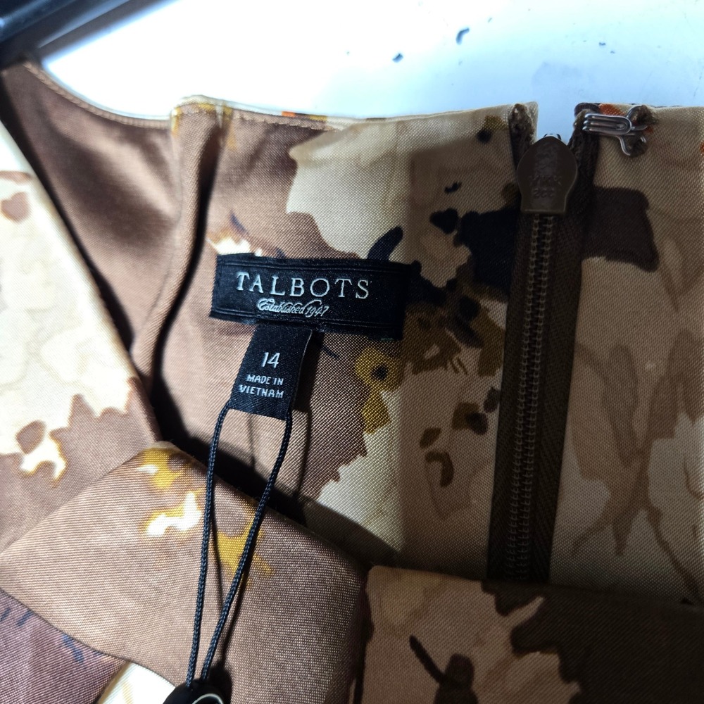 Talbots Brown Floral Satin Sheath Midi Dress Size 14 NWT Cocktail Classic Modest - Picture 4 of 9